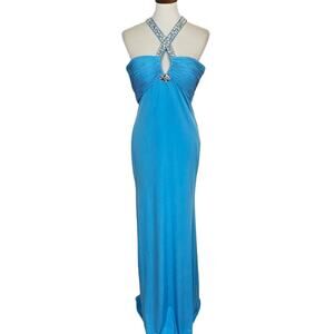 Scala Blue Crisscross Bejeweled Gown